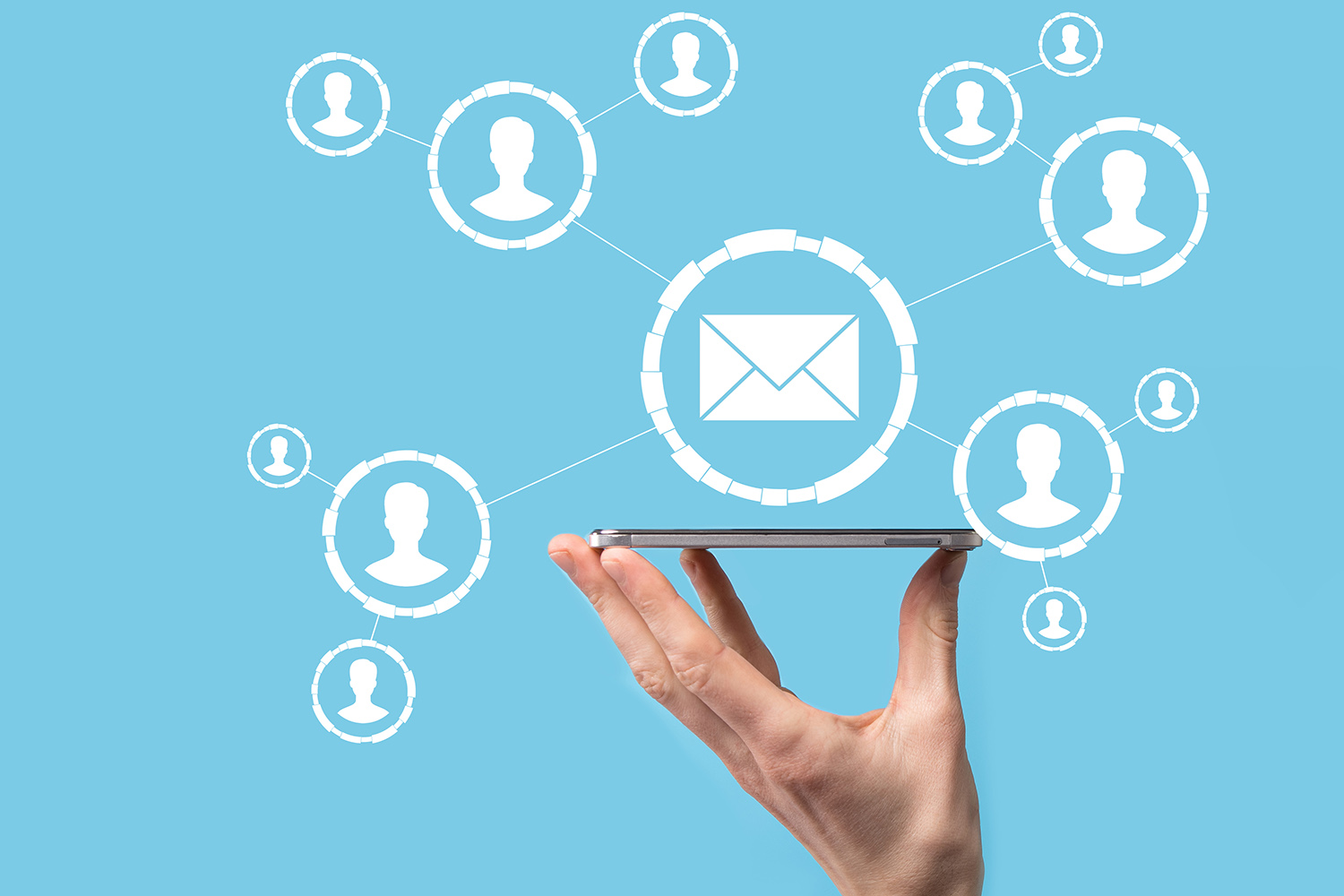 Email and user icon,sign,symbol marketing or newsletter concept, diagram.Sending email.Bulk mail.Email and sms marketing concept. Scheme of direct sales in business. List of clients for mailing
