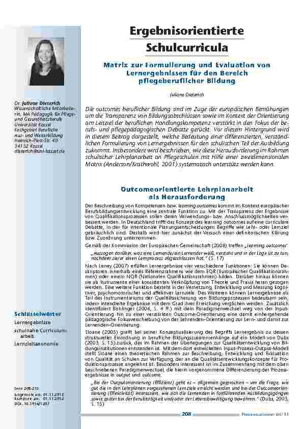 [doc_201288] Ergebnisorientierte Schulcurricula – Matrix zur Formulierung und Evaluation von Lernergebnissen für den Bereich pflegeberuflicher Bildung