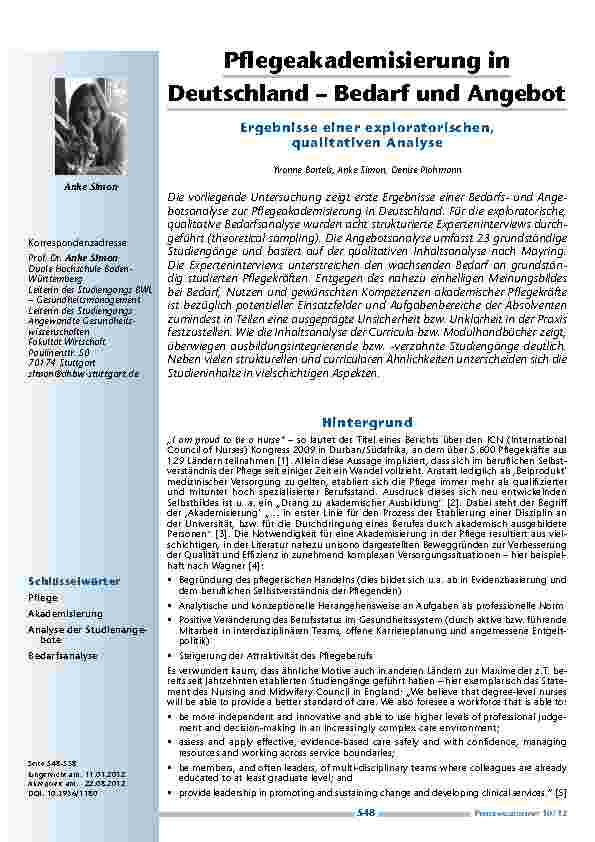[doc_201256] Pflegeakademisierung in Deutschland – Bedarf und Angebot - Ergebnisse einer exploratorischen, qualitativen Analyse
