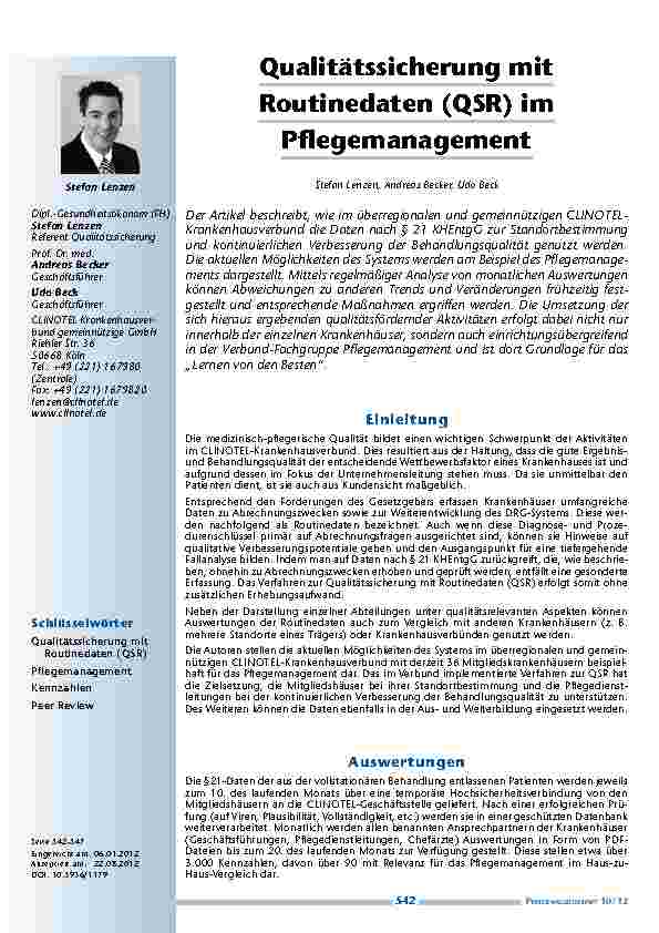 [doc_201255] Qualitätssicherung mit Routinedaten (QSR) im Pflegemanagement