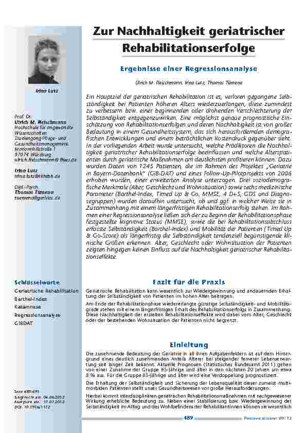 [doc_201247] Zur Nachhaltigkeit geriatrischer Rehabilitationserfolge - Ergebnisse einer Regressionsanalyse