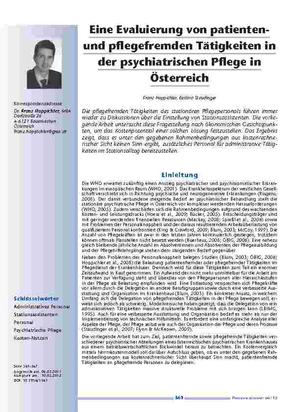 Eine Evaluierung von patientenund pflegefremden Tätigkeiten in der psychiatrischen Pflege in Österreich