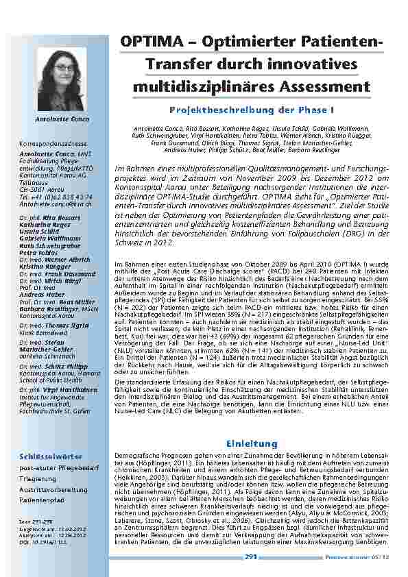 [doc_201225] OPTIMA – Optimierter Patienten-Transfer durch innovatives multidisziplinäres Assessment - Projektbeschreibung der Phase I