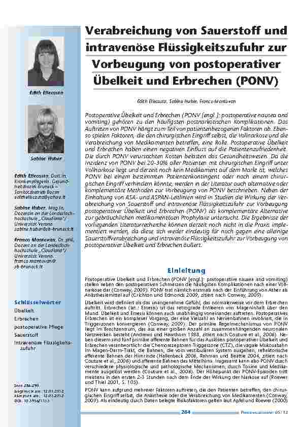 Verabreichung von Sauerstoff und intravenöse Flüssigkeitszufuhr zur Vorbeugung von postoperativer Übelkeit und Erbrechen (PONV)