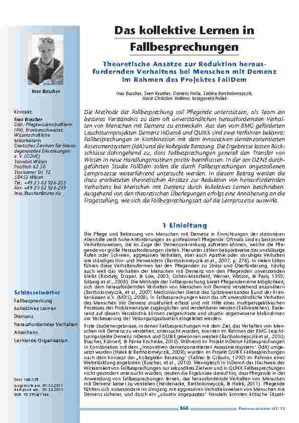 Das kollektive Lernen in Fallbesprechungen - Theoretische Ansätze zur Reduktion herausfordernden Verhaltens bei Menschen mit Demenz im Rahmen des Projektes FallDem