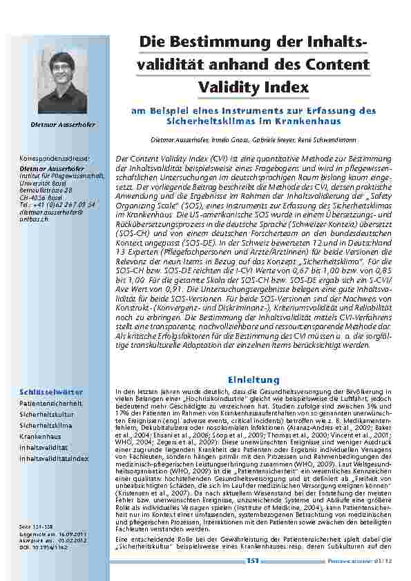 [doc_201212] Die Bestimmung der Inhaltsvalidität anhand des Content Validity Index am Beispiel eines Instruments zur Erfassung des Sicherheitsklimas im Krankenhaus