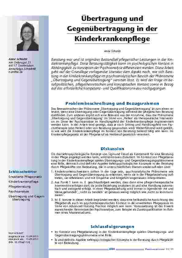 Übertragung und Gegenübertragung in der Kinderkrankenpflege