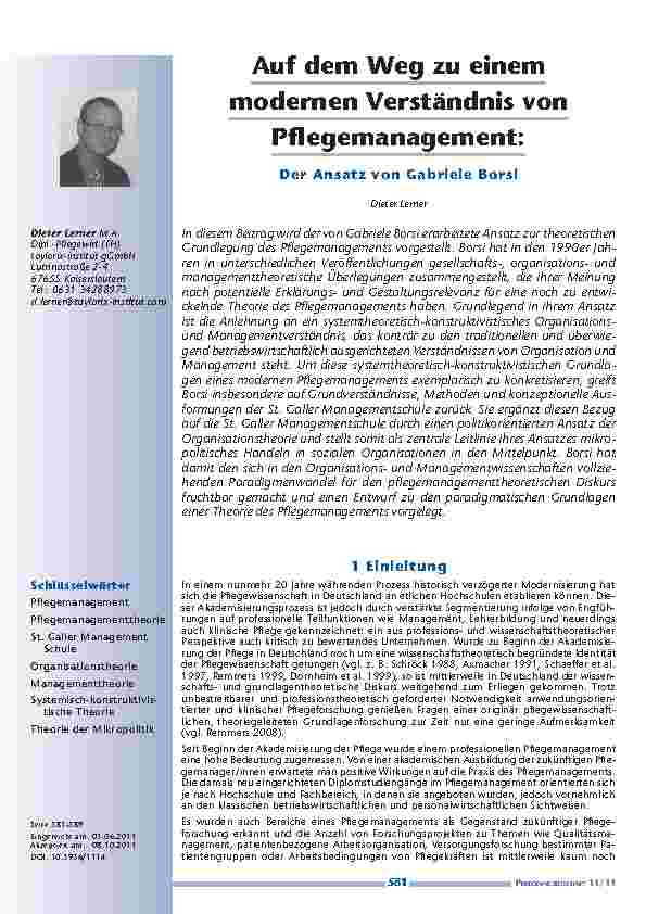 Auf dem Weg zu einem modernen Verständnis von Pflegemanagement: Der Ansatz von Gabriele Borsi