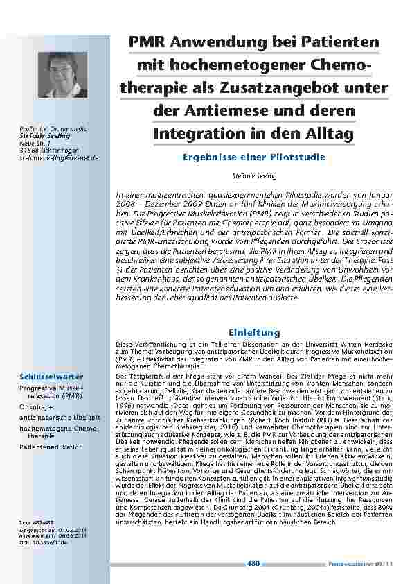 PMR Anwendung bei Patienten mit hochemetogener Chemotherapie als Zusatzangebot unter der Antiemese und deren Integration in den Alltag. Ergebnisse einer Pilotstudie