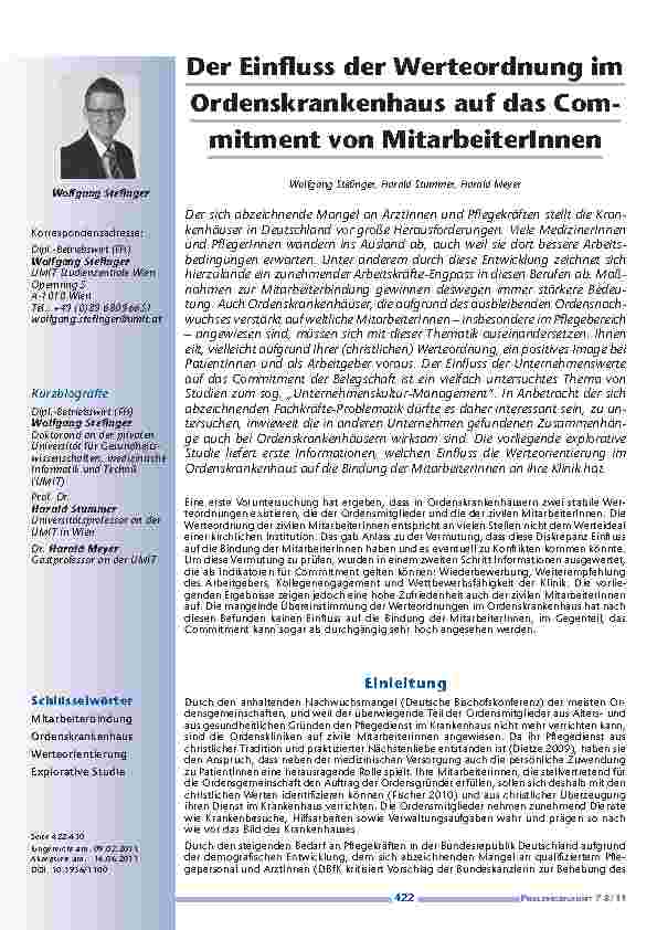Der Einfluss der Werteordnung im Ordenskrankenhaus auf das Commitment von MitarbeiterInnen