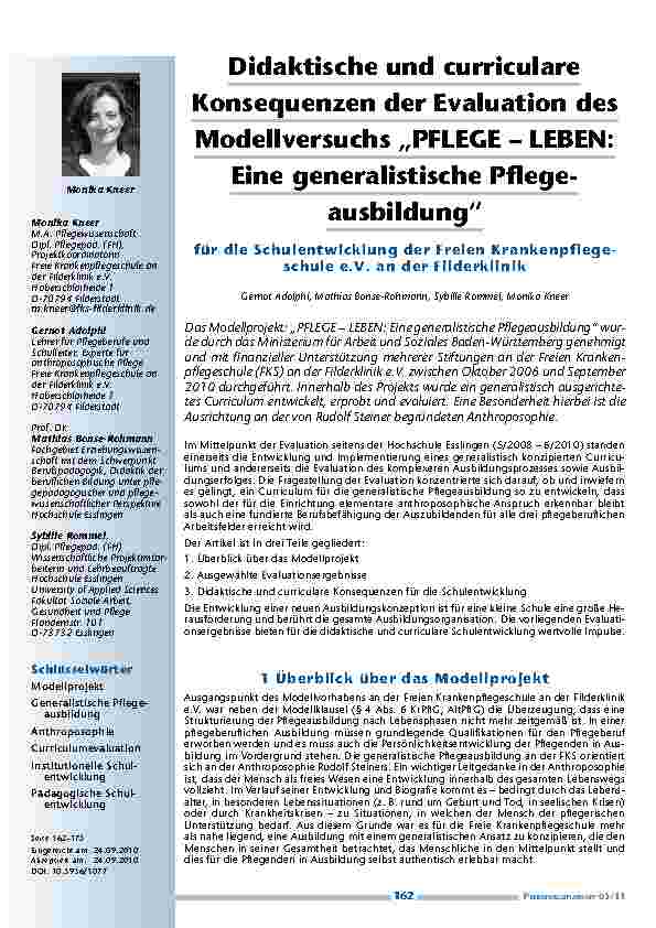 Didaktische und curriculare Konsequenzen der Evaluation des Modellversuchs „PFLEGE – LEBEN: Eine generalistische Pflegeausbildung“ für die Schulentwicklung der Freien Krankenpflegeschule e.V. an der Filderklinik