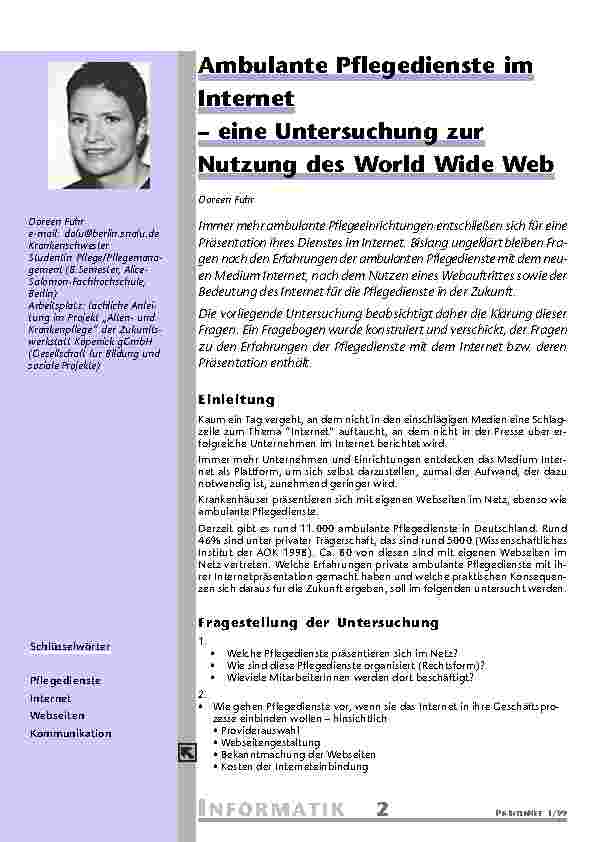 [doc_201104] Ambulante Pflegedienste im Internet – eine Untersuchung zur Nutzung des World Wide Web