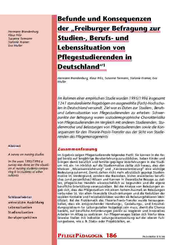 [doc_200968] Befunde und Konsequenzen der „Freiburger Befragung zur Studien-, Berufsund Lebenssituation von Pflegestudierenden in Deutschland“