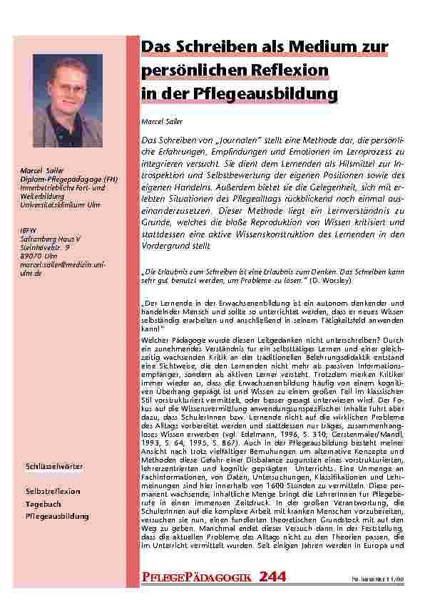 Das Schreiben als Medium zur persönlichen Reflexion in der Pflegeausbildung