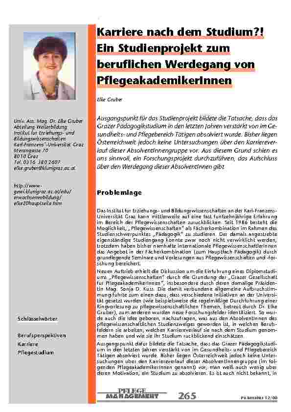 Karriere nach dem Studium? ! Ein Studienprojekt zum beruflichen Werdegang von PflegeakademikerInnen