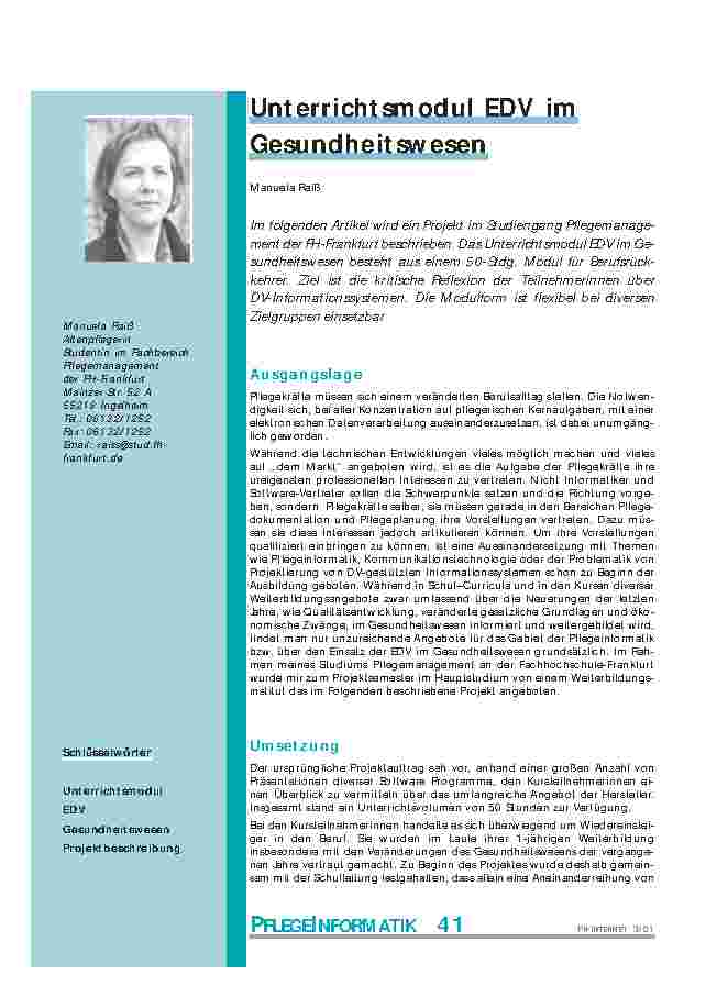 Unterrichtsmodul EDV im Gesundheitswesen