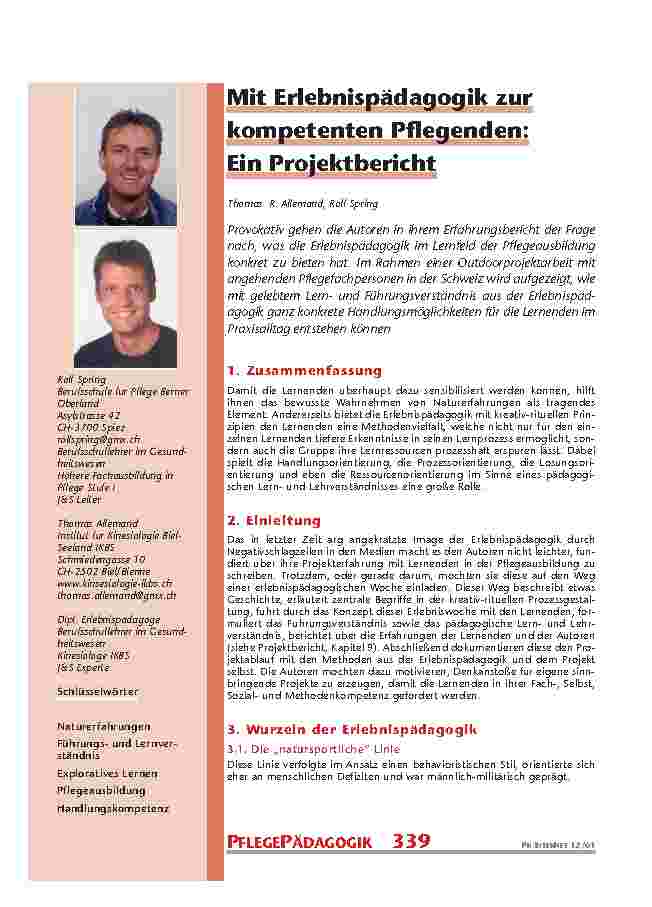 [doc_200864] Mit Erlebnispädagogik zur kompetenten Pflegenden: Ein Projektbericht