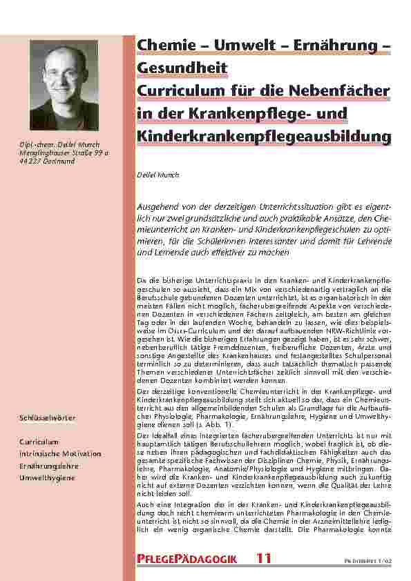 Chemie – Umwelt – Ernährung – Gesundheit: Curriculum für die Nebenfächer in der Krankenpflegeund Kinderkrankenpflegeausbildung