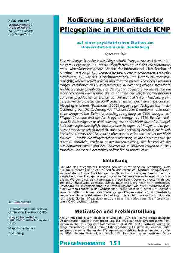 Kodierung standardisierter Pflegepläne in PIK mittels ICNP