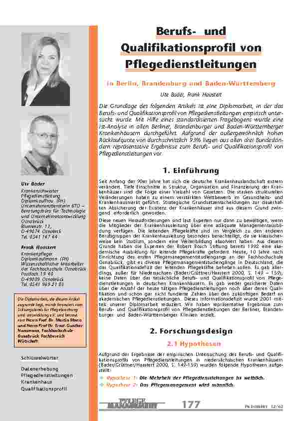Berufsund Qualifikationsprofil von Pflegedienstleitungen