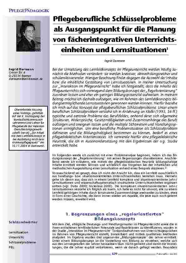 Pflegeberufliche Schlüsselproblemeals Ausgangspunkt für die Planungvon fächerintegrativen Unterrichts-einheiten und Lernsituationen