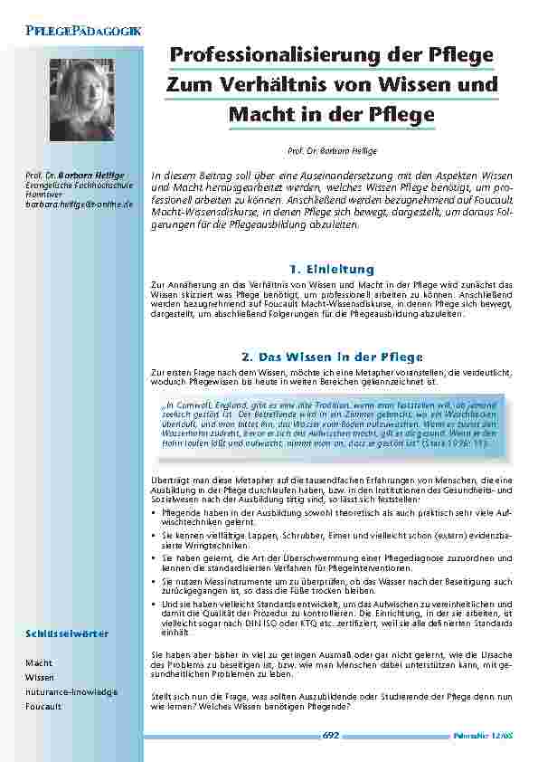 Professionalisierung der Pflege -Zum Verhältnis von Wissen undMacht in der Pflege