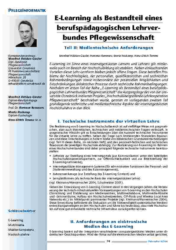 E-Learning als Bestandteil einesberufspädagogischen Lehrverbundes Pflegewissenschaft: Teil II: Medientechnische Anforderungen