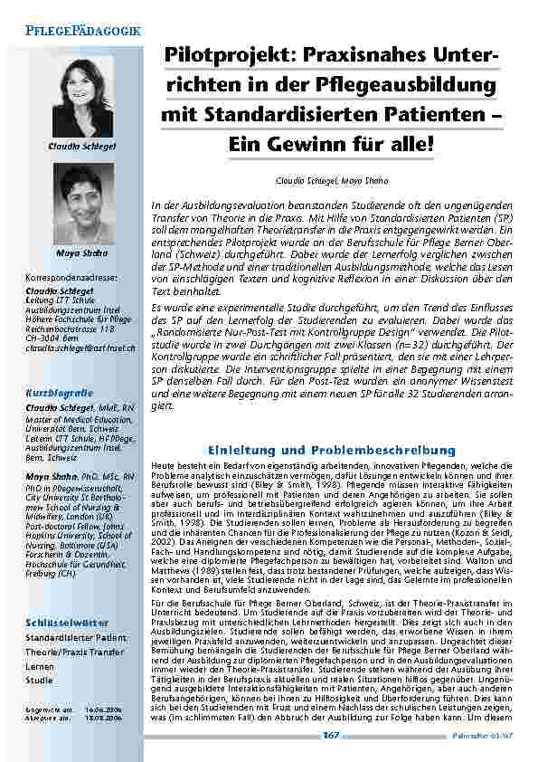 Pilotprojekt: Praxisnahes Unterrichten in der Pflegeausbildungmit Standardisierten Patienten –Ein Gewinn für alle!