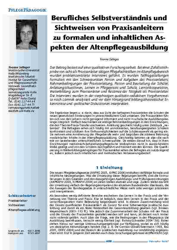 Berufliches Selbstverständnis undSichtweisen von Praxisanleiternzu formalen und inhaltlichen Aspektender Altenpflegeausbildung