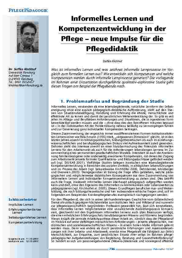 Informelles Lernen und Kompetenzentwicklung in der Pflege – neue Impulse für die Pflegedidaktik