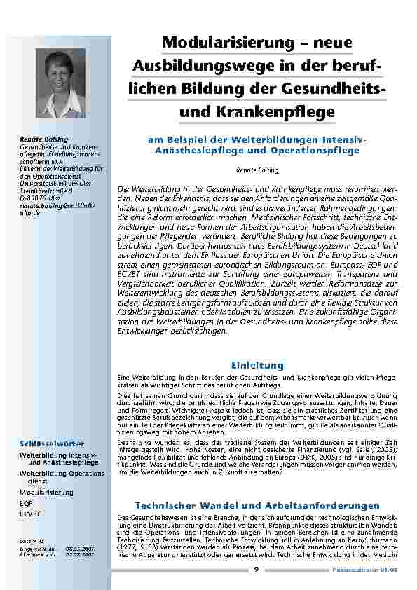 Modularisierung – neueAusbildungswege in der beruflichenBildung der GesundheitsundKrankenpflege am Beispiel der Weiterbildungen Intensiv-Anästhesiepflege und Operationspflege