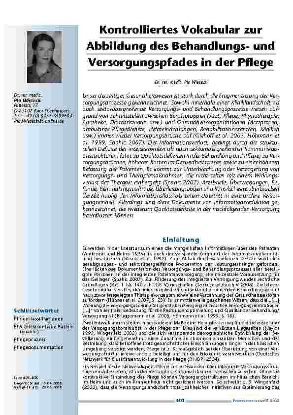 Kontrolliertes Vokabular zur Abbildung des Behandlungsund Versorgungspfades in der Pflege