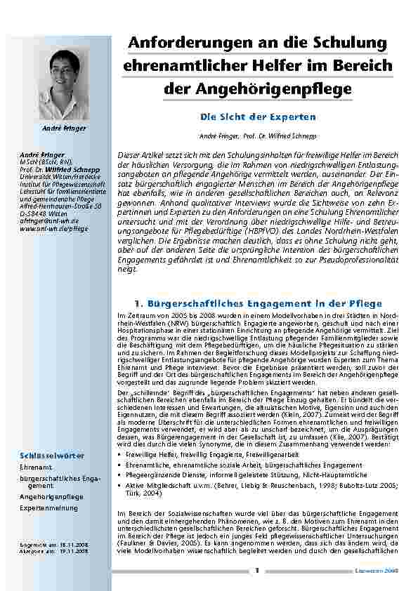 Anforderungen an die Schulung ehrenamtlicher Helfer im Bereich der Angehörigenpflege: Die Sicht der Experten