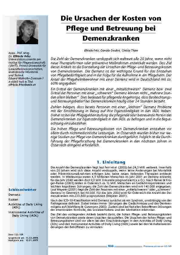 Die Ursachen der Kosten von Pflege und Betreuung bei Demenzkranken