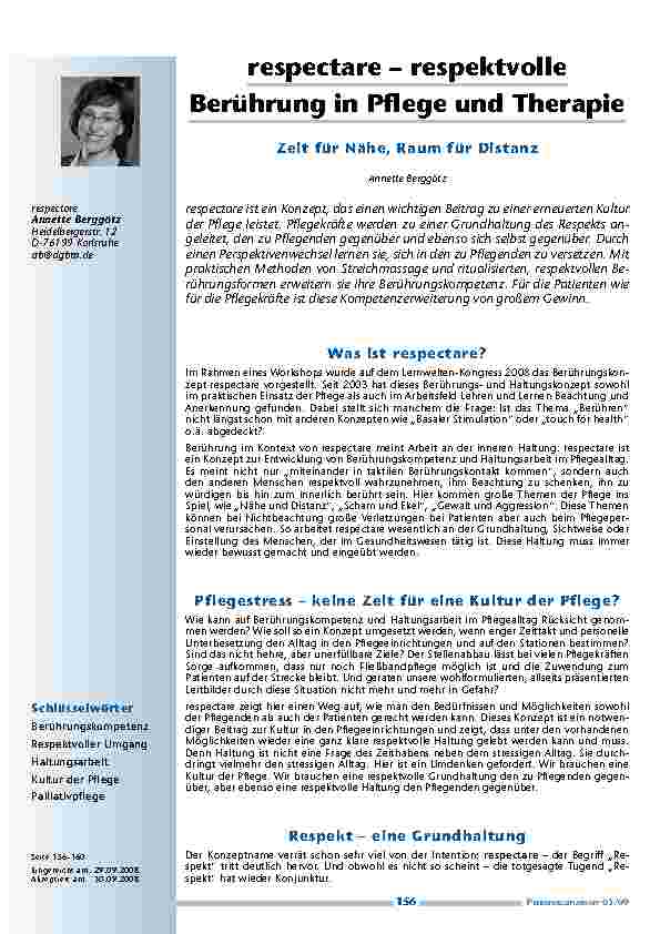 respectare – respektvolle Berührung in Pflege und TherapieZeit für Nähe, Raum für Distanz