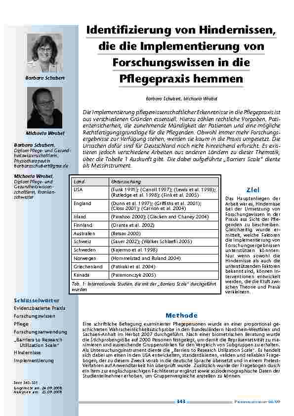 Identifizierung von Hindernissen, die die Implementierung von Forschungswissen in die Pflegepraxis hemmen
