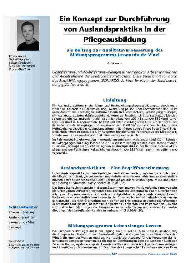[doc_200123] Ein Konzept zur Durchführung von Auslandspraktika in der Pflegeausbildung als Beitrag zur Qualitätsverbesserung des Bildungsprogramms Leonardo da Vinci