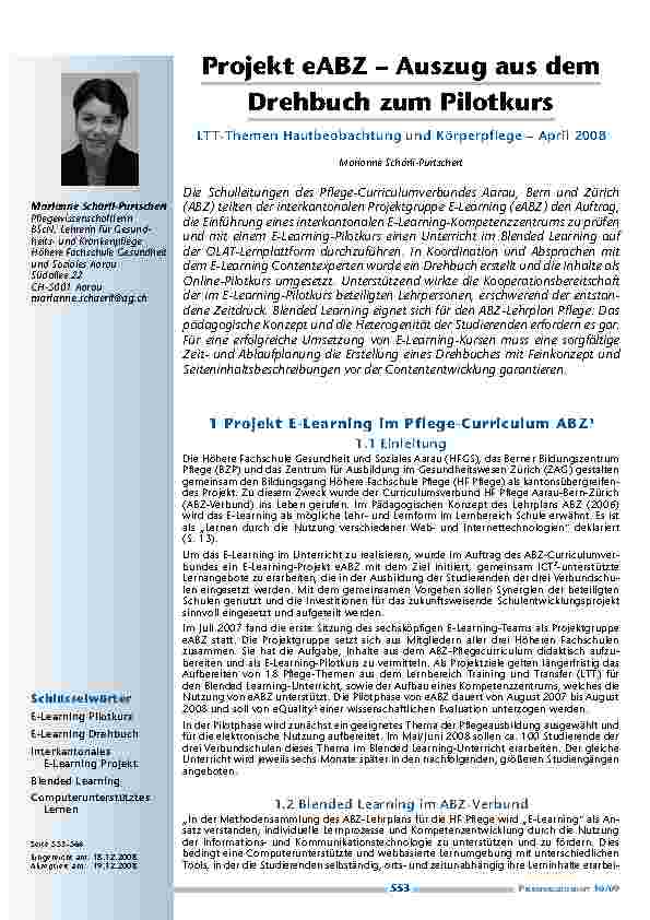 Projekt eABZ – Auszug aus dem Drehbuch zum Pilotkurs LTT-Themen Hautbeobachtung und Körperpflege – April 2008