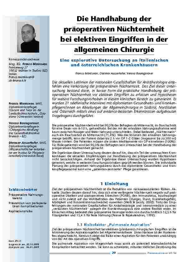 Die Handhabung der präoperativen Nüchternheit bei elektiven Eingriffen in der allgemeinen Chirurgie – Eine explorative Untersuchung an italienischen und österreichischen Krankenhäusern