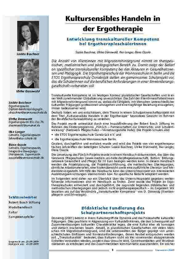 Kultursensibles Handeln in der Ergotherapie und ndash; Entwicklung transkultureller Kompetenz bei Ergotherapiesch und uuml;lerInnen