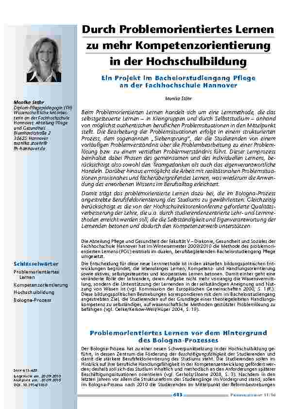 Durch Problemorientiertes Lernen zu mehr Kompetenzorientierung in der Hochschulbildung – Ein Projekt im Bachelorstudiengang Pflege an der Fachhochschule Hannover