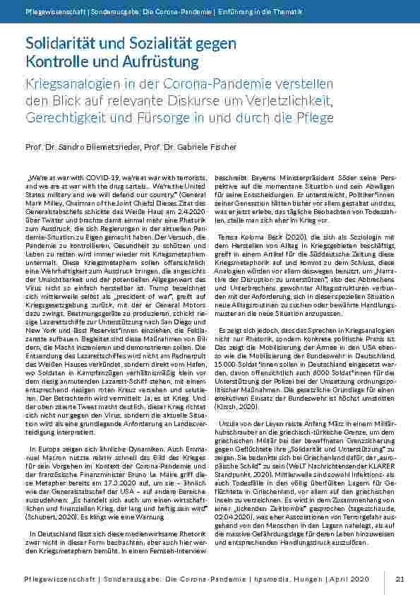 Solidarität und Sozialität gegen Kontrolle und Aufrüstung. Kriegsanalogien in der Corona-Pandemie verstellen den Blick auf relevante Diskurse um Verletzlichkeit, Gerechtigkeit und Fürsorge in und durch die Pflege.