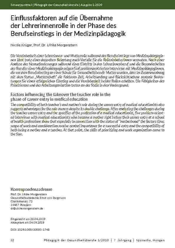 [doc_202145] Einflussfaktoren auf die Übernahme der Lehrerinnenrolle in der Phase des Berufseinstiegs in der Medizinpädagogik