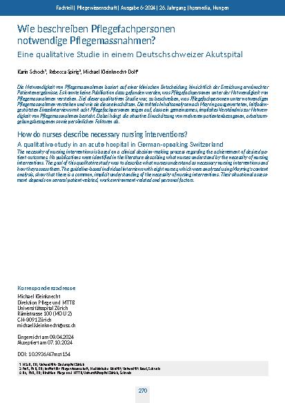 Wie beschreiben Pflegefachpersonen notwendige Pflegemaßnahmen? Eine qualitative Studie in einem Deutschschweizer Akutspital.