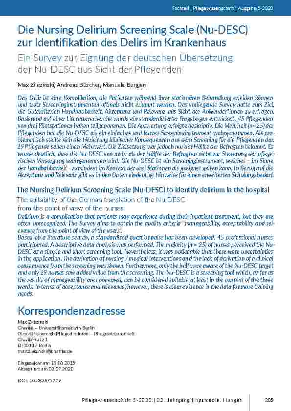 Die Nursing Delirium Screening Scale (Nu-DESC) zur Identifikation des Delirs im Krankenhaus. Ein Survey zur Eignung der deutschen Übersetzung der Nu-DESC aus Sicht der Pflegenden.