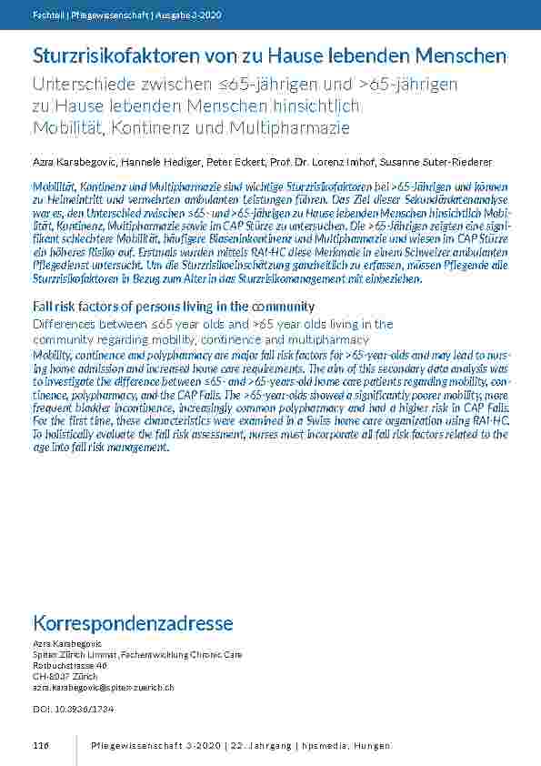 Sturzrisikofaktoren von zu Hause lebenden Menschen: Unterschiede zwischen ≤65-jährigen und >65-jährigen zu Hause lebenden Menschen hinsichtlich Mobilität, Kontinenz und Multipharmazie