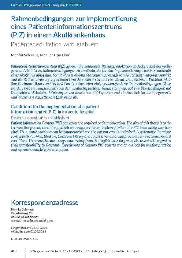 Rahmenbedingungen zur Implementierung eines Patienteninformationszentrums (PIZ) in einem Akutkrankenhaus