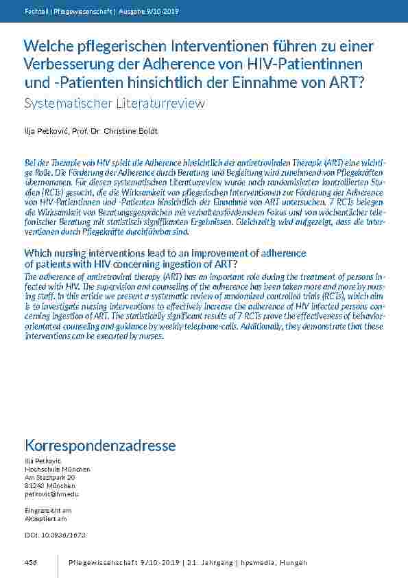 [doc_201800] Welche pflegerischen Interventionen führen zu einer Verbesserung der Adherence von HIV-Patientinnen und -Patienten hinsichtlich der Einnahme von ART?