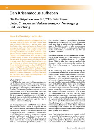 [doc_582228] Den Krisenmodus aufheben. Die Partizipation von ME/CFS-Betroffenen bietet Chancen zur Verbesserung von Versorgung und Forschung
