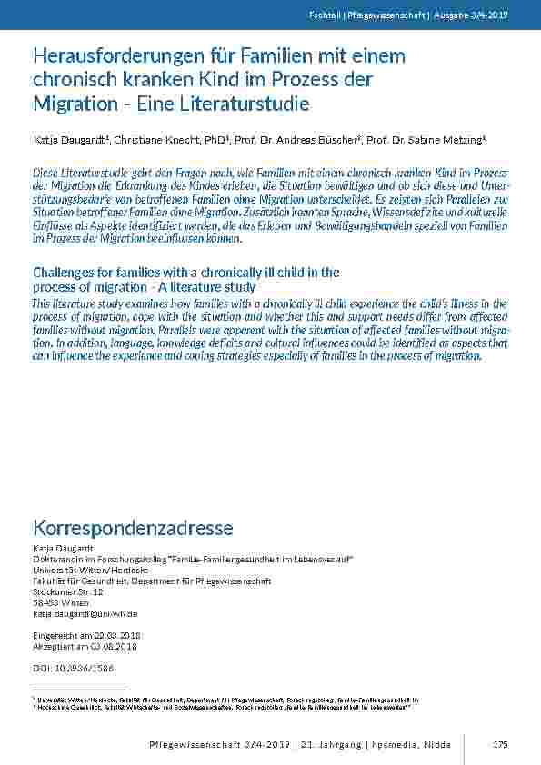 Herausforderungen für Familien mit einem chronisch kranken Kind im Prozess der Migration - Eine Literaturstudie
